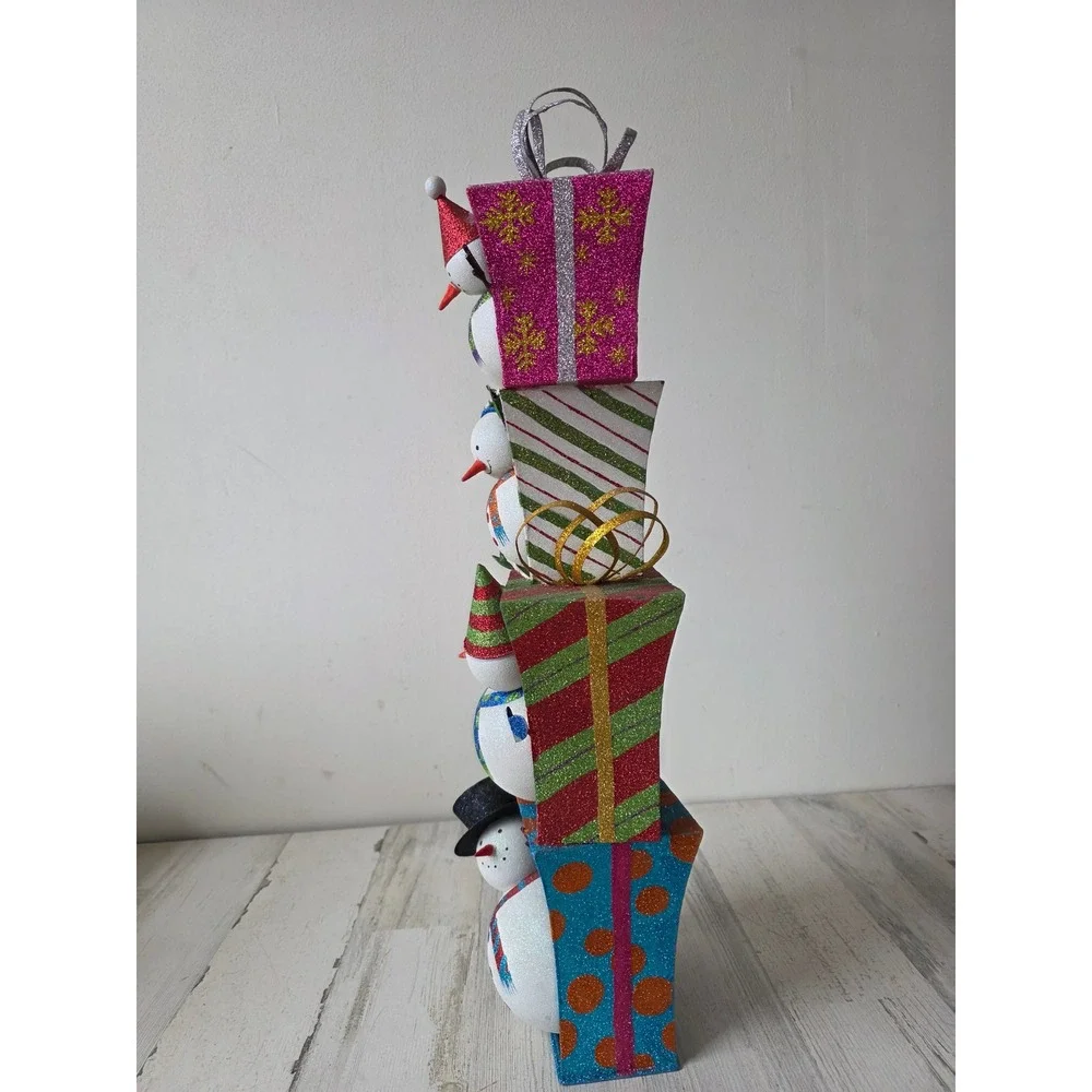 Vintage Pier 1 snowman totem glitter statue Xmas figurine presents rare